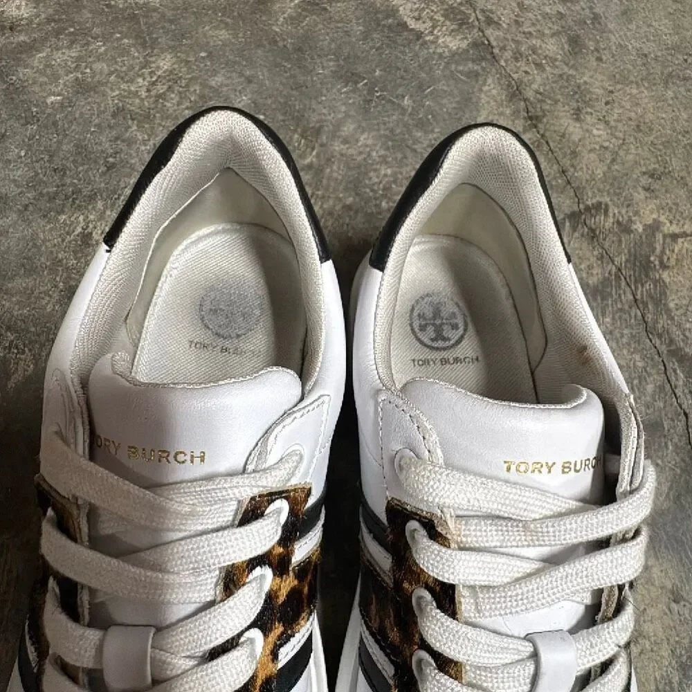 Tory Burch Howell T-Saddle Court Sneakers White Leather Leopard Fur Size 8